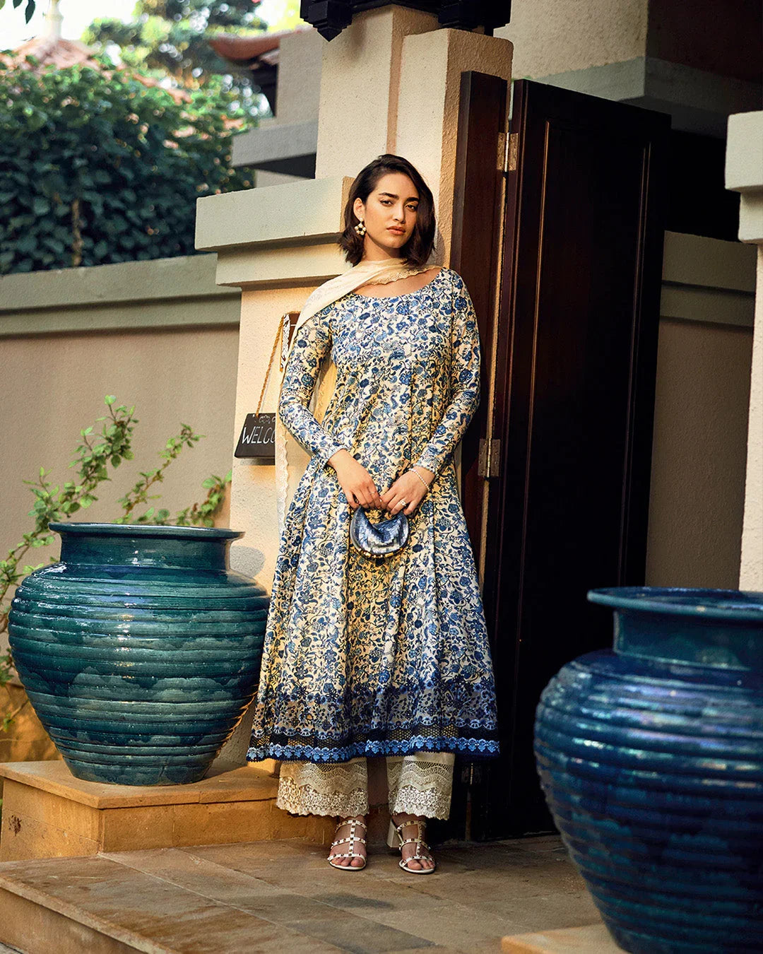 BH Embroidered Unstiched Cream & Blue Luxury Lawn Frock