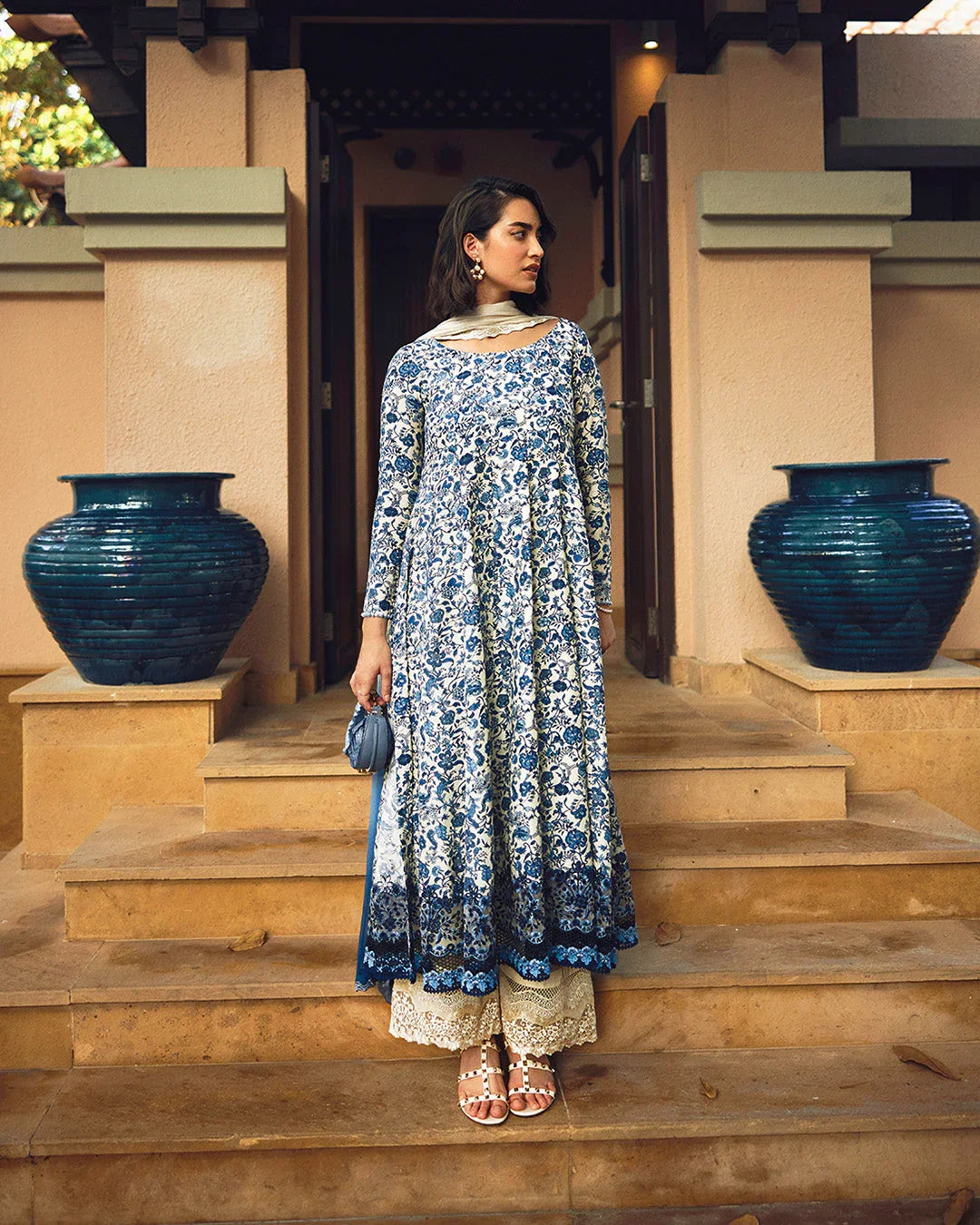 BH Embroidered Unstiched Cream & Blue Luxury Lawn Frock