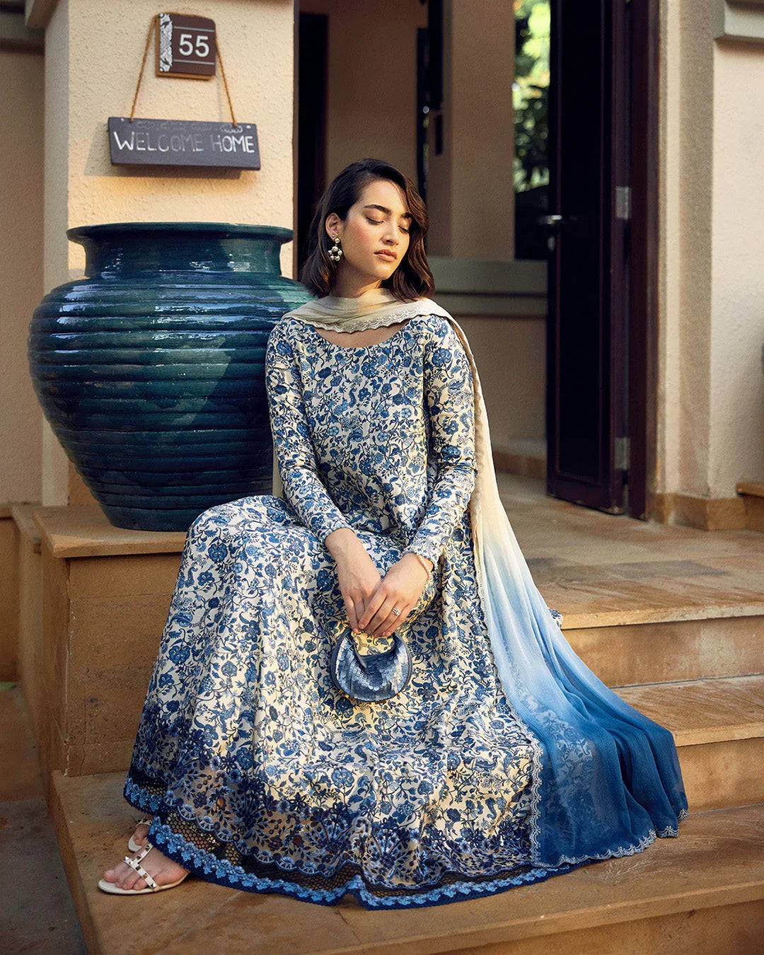 BH Embroidered Unstiched Cream & Blue Luxury Lawn Frock