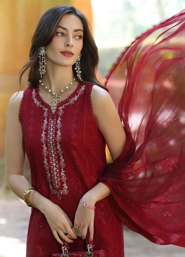 BH-Embroidered Luxury lawn Chikan-kari Dress 3Pc