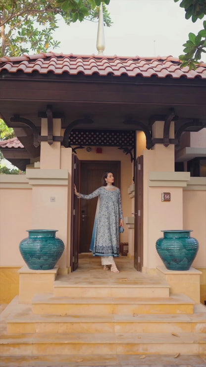 BH Embroidered Unstiched Cream & Blue Luxury Lawn Frock
