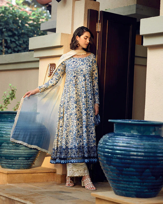 BH Embroidered Unstiched Cream & Blue Luxury Lawn Frock