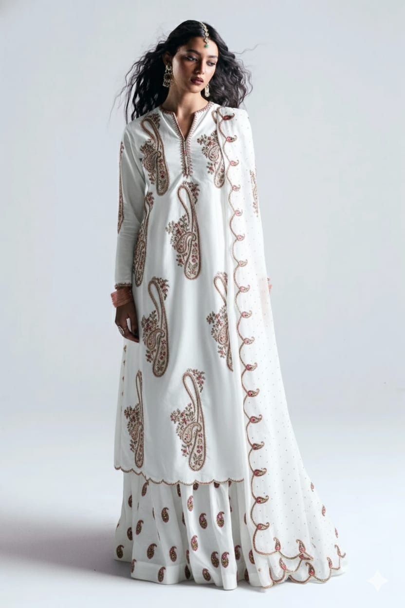 White Cotton Silk Luxury Formal 3pc Dress